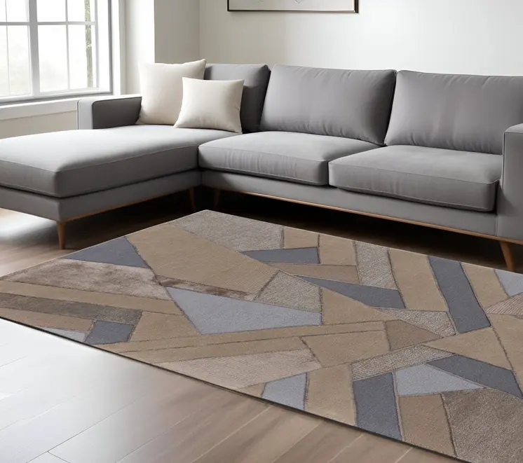 8' X 10' Tan Brown And Blue Wool Geometric Tufted Handmade Area Rug