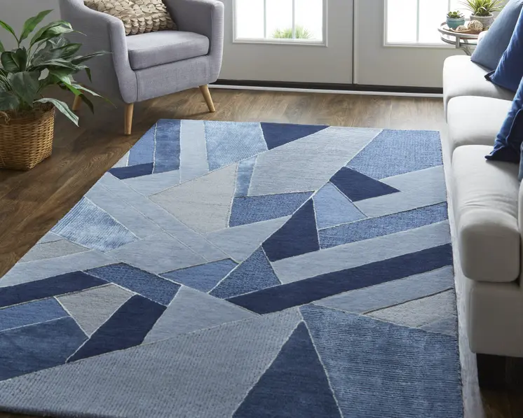10' X 14' Blue And Silver Wool Geometric Tufted Handmade Area Rug