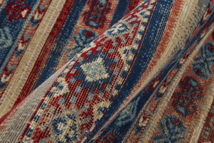 8' Blue Red And Ivory Geometric Power Loom Distressed Stain Resistant Runner Rug