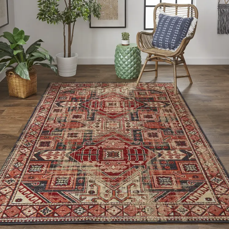 10' X 13' Red Tan And Black Abstract Power Loom Distressed Stain Resistant Area Rug