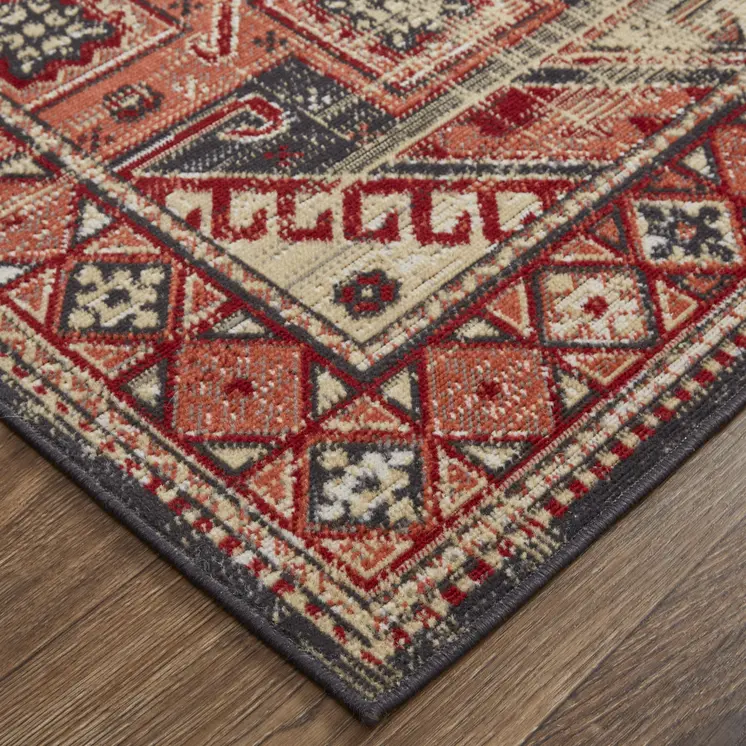 10' X 13' Red Tan And Black Abstract Power Loom Distressed Stain Resistant Area Rug