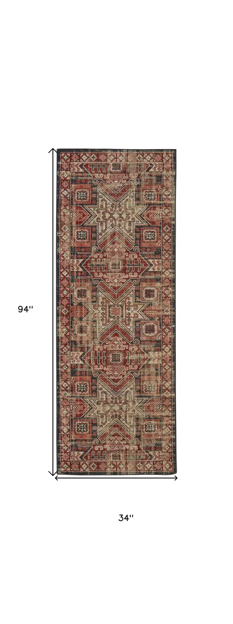 8' Red Tan And Black Abstract Power Loom Distressed Stain Resistant Runner Rug