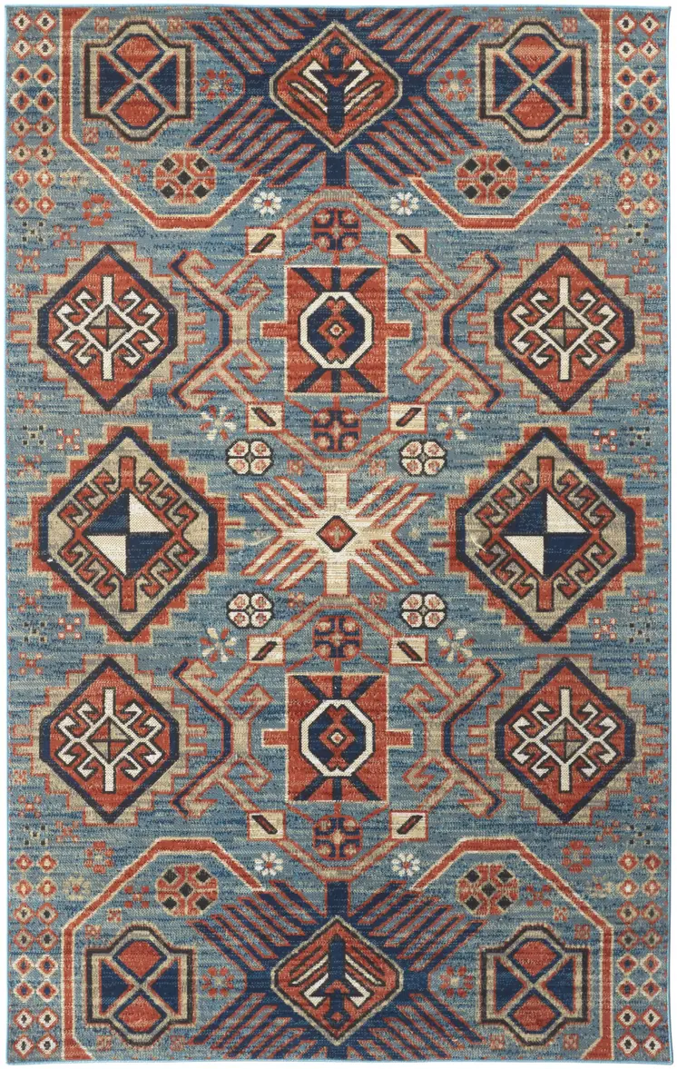 10' X 13' Blue Red And Tan Abstract Power Loom Distressed Stain Resistant Area Rug