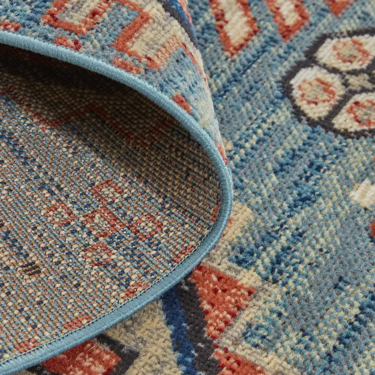 8' Blue Red And Tan Abstract Power Loom Distressed Stain Resistant Runner Rug