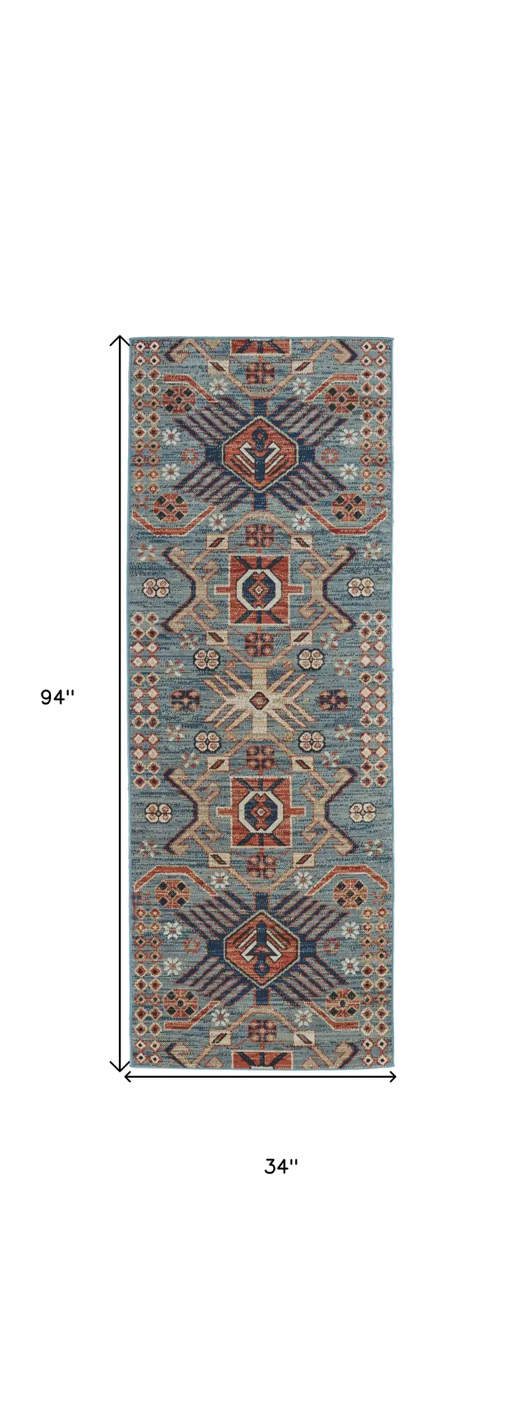 8' Blue Red And Tan Abstract Power Loom Distressed Stain Resistant Runner Rug