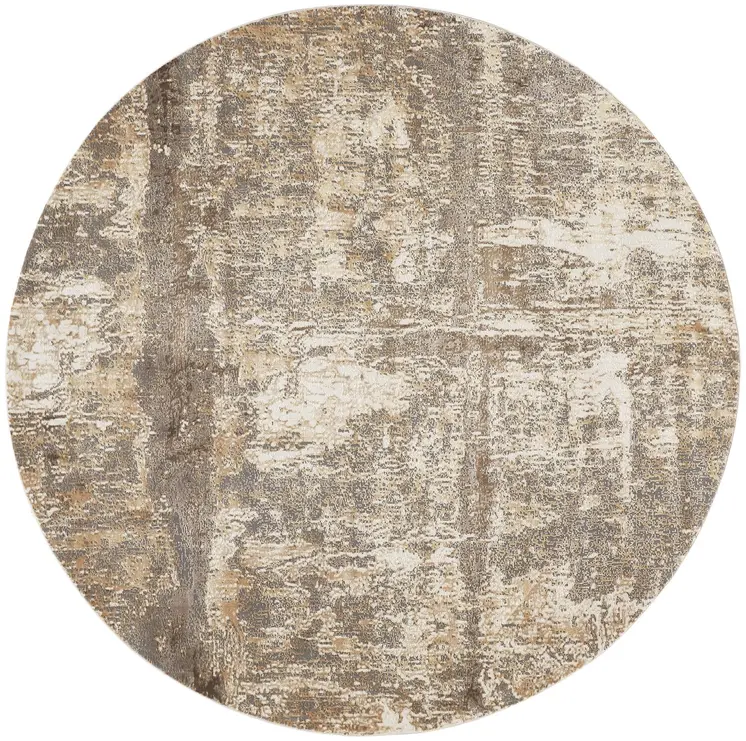 8' Tan and Ivory Abstract Non Skid Round Rug
