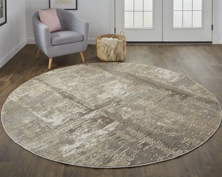 8' Tan and Ivory Abstract Non Skid Round Rug
