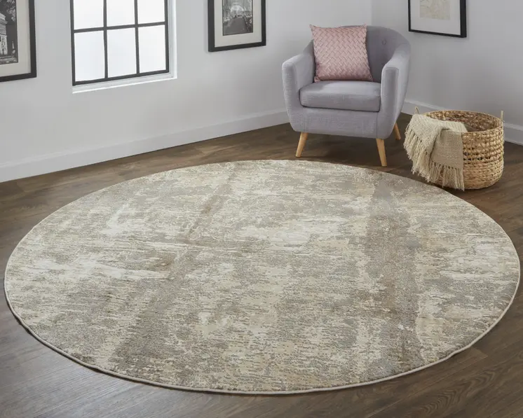 8' Tan and Ivory Abstract Non Skid Round Rug