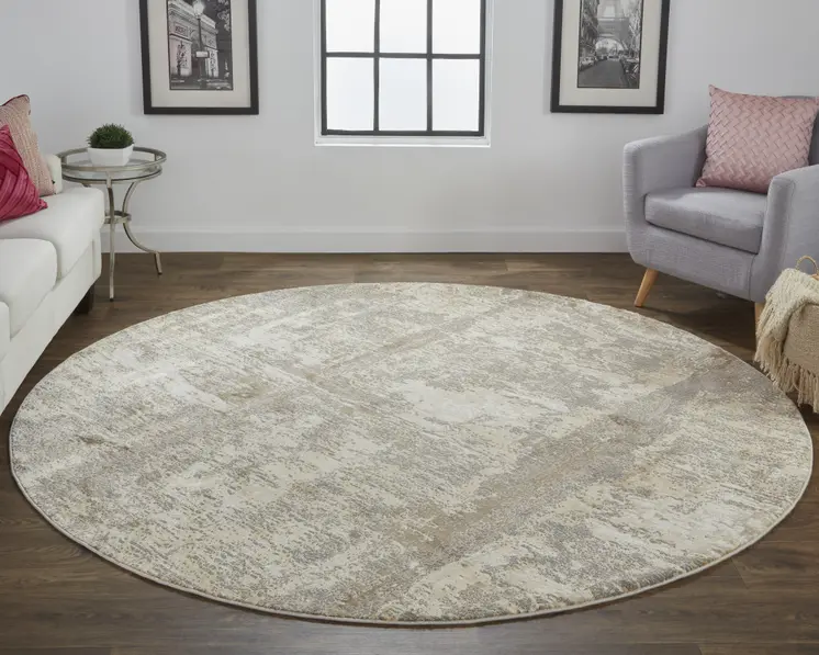 8' Tan and Ivory Abstract Non Skid Round Rug