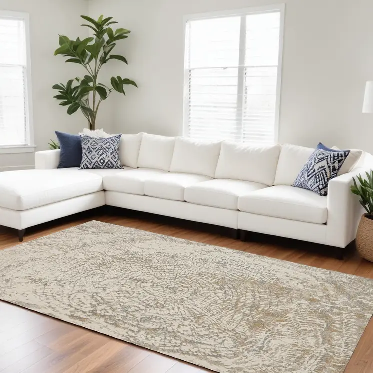 10' X 14' Ivory Tan And Gray Abstract Area Rug