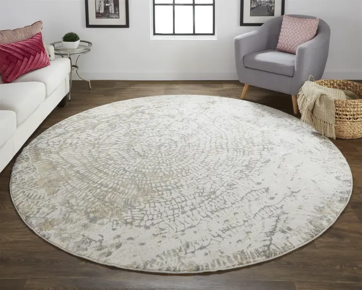 8' Gray and Ivory Abstract Non Skid Round Rug