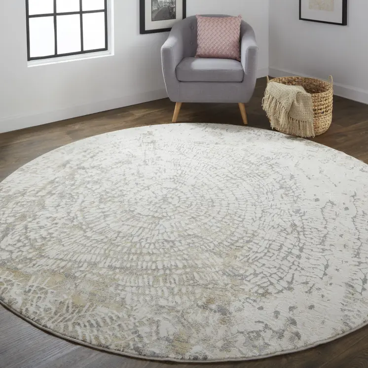 8' Gray and Ivory Abstract Non Skid Round Rug