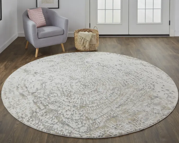 8' Gray and Ivory Abstract Non Skid Round Rug