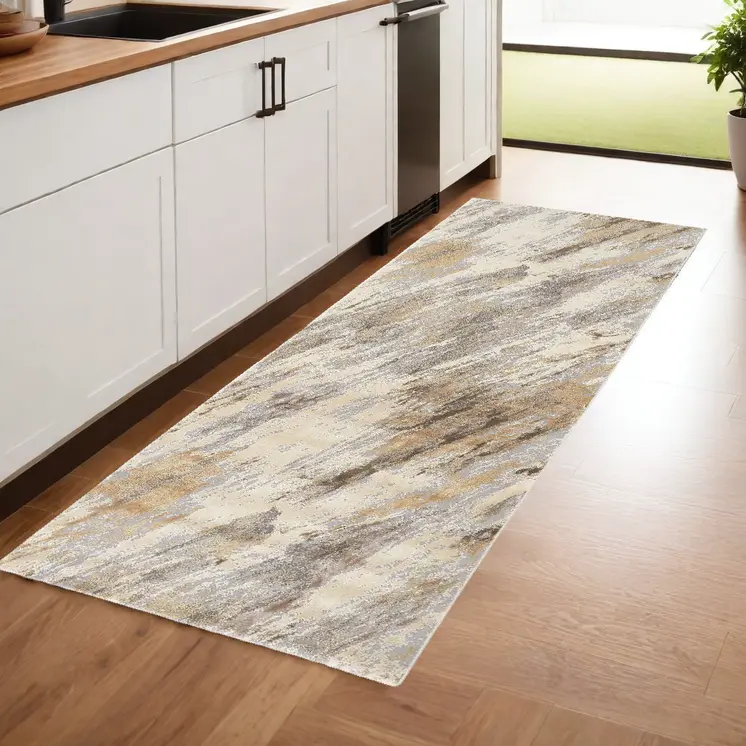 8' Brown and Ivory Abstract Distressed Runner Rug