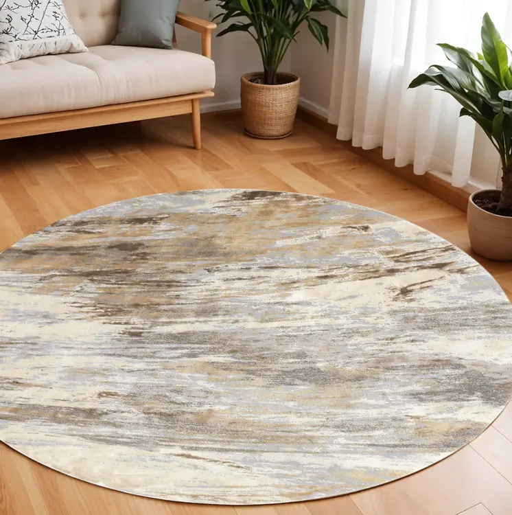 8' Brown and Ivory Abstract Non Skid Round Rug