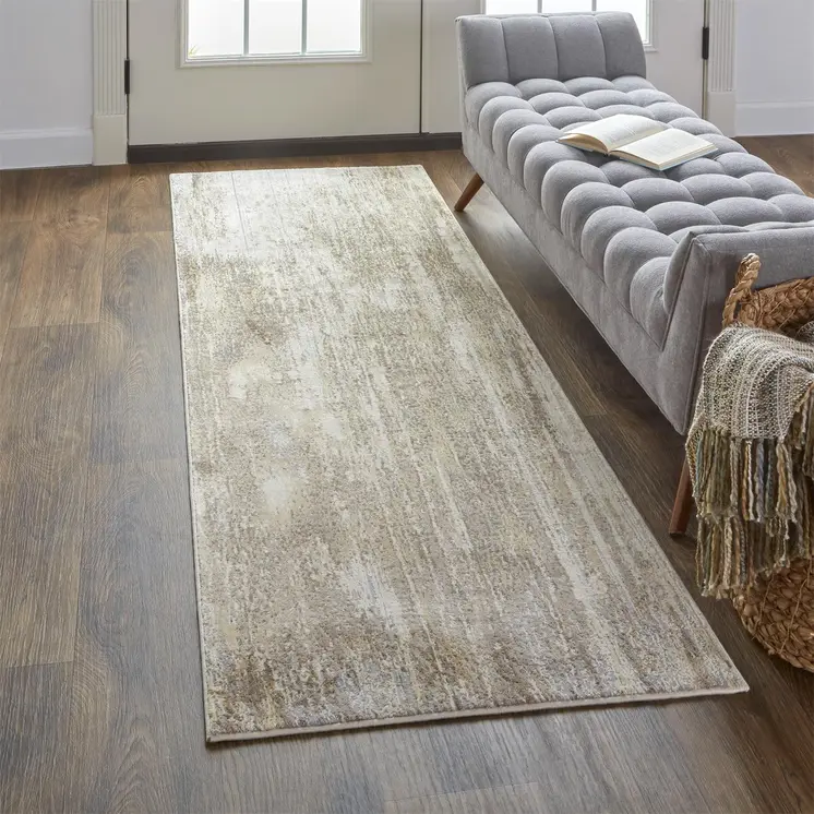 8' Tan and Ivory Abstract Non Skid Runner Rug