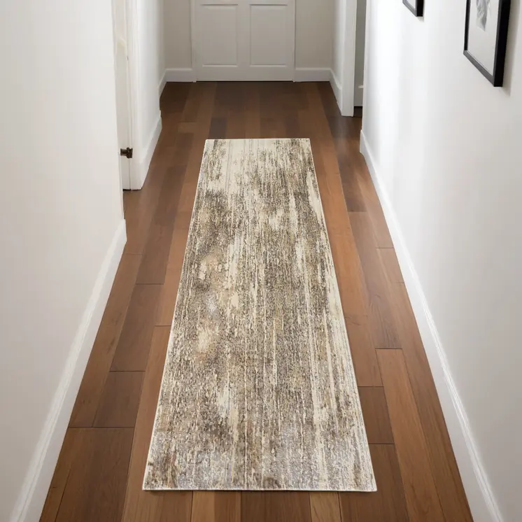 8' Tan and Ivory Abstract Non Skid Runner Rug