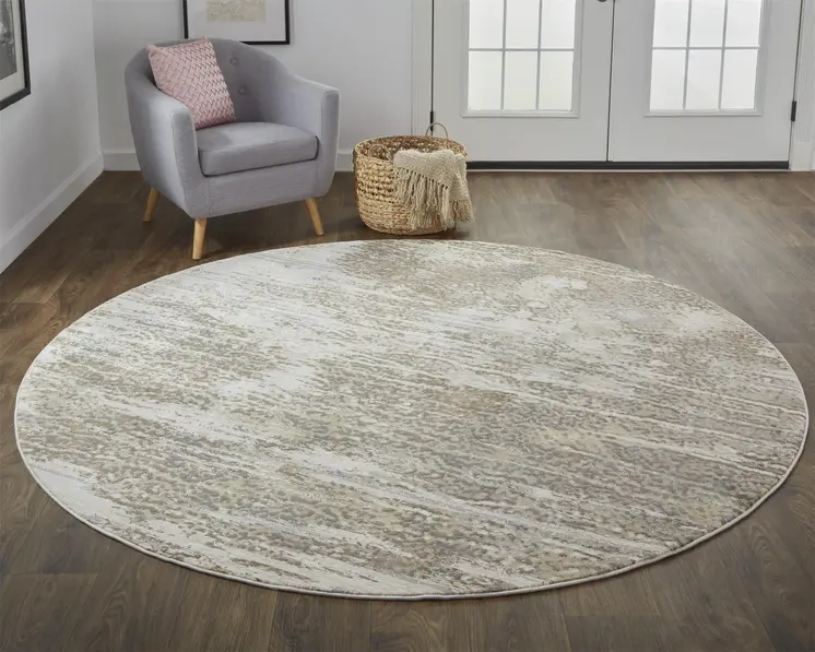 8' Tan and Ivory Abstract Non Skid Round Rug