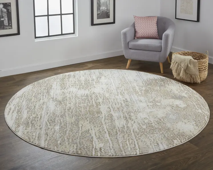 8' Tan and Ivory Abstract Non Skid Round Rug