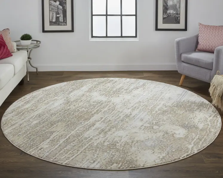 8' Tan and Ivory Abstract Non Skid Round Rug