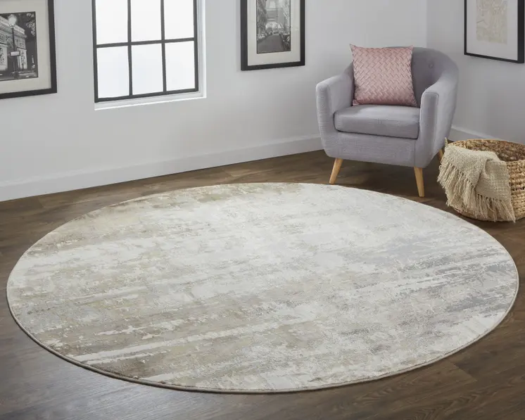 8' Tan Ivory And Gray Round Abstract Area Rug