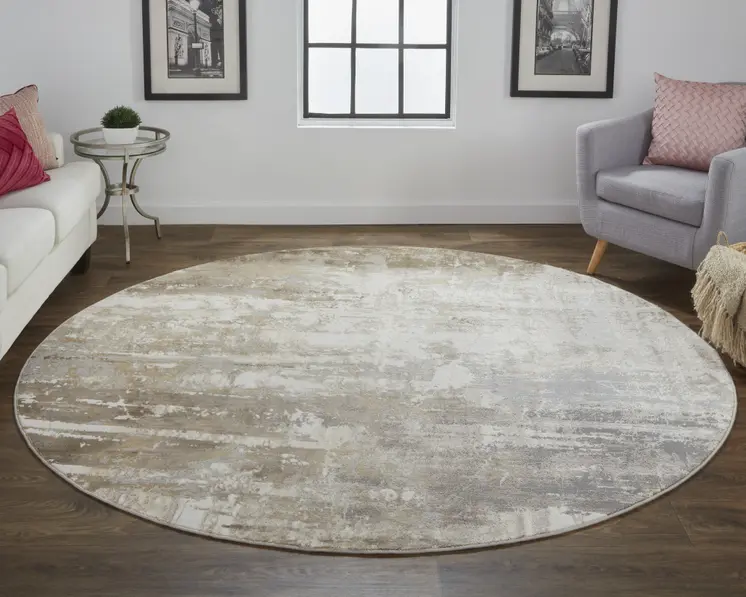 8' Tan Ivory And Gray Round Abstract Area Rug