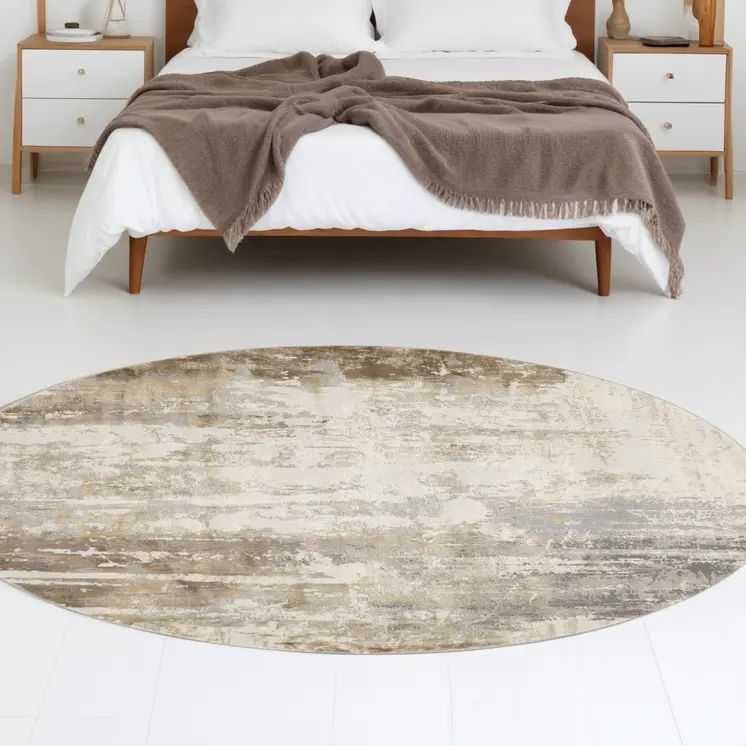 8' Tan Ivory And Gray Round Abstract Area Rug
