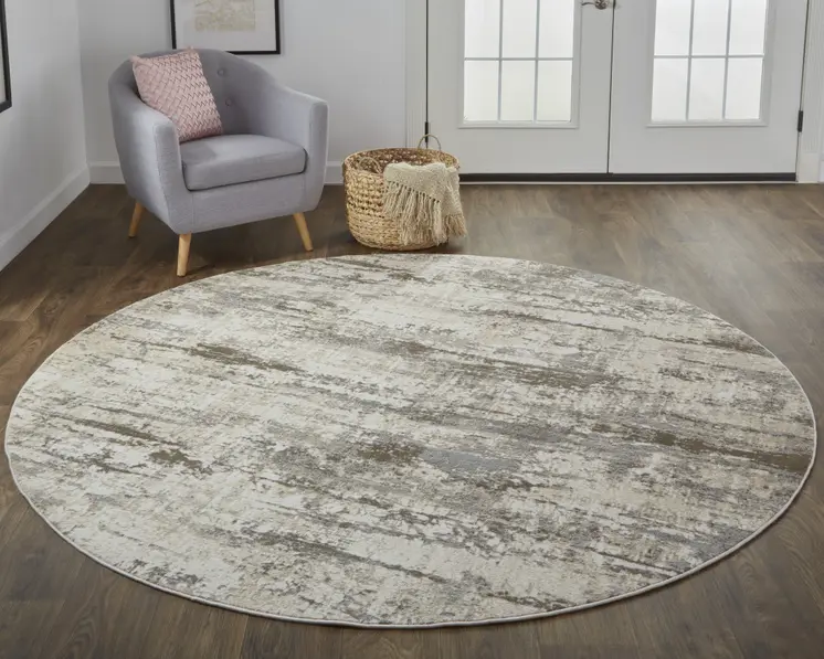 8' Brown and Ivory Abstract Non Skid Round Rug