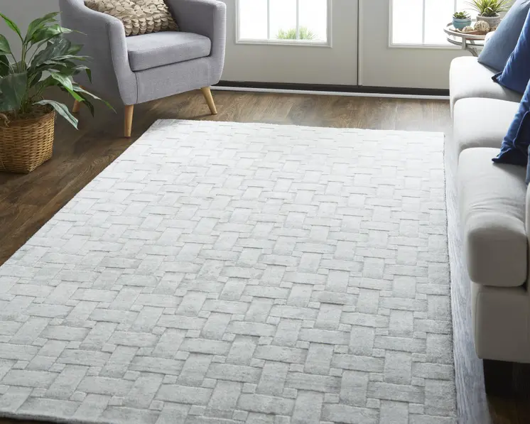 8' X 10' Silver and White Striped Hand Woven Area Rug