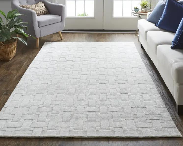 8' X 10' Silver and White Striped Hand Woven Area Rug
