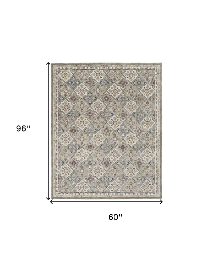 5' X 8' Taupe and Ivory Wool Patchwork Hand Tufted Area Rug