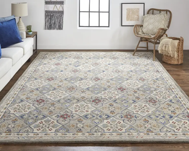9' X 12' Taupe Ivory And Red Wool Patchwork Tufted Handmade Stain Resistant Area Rug