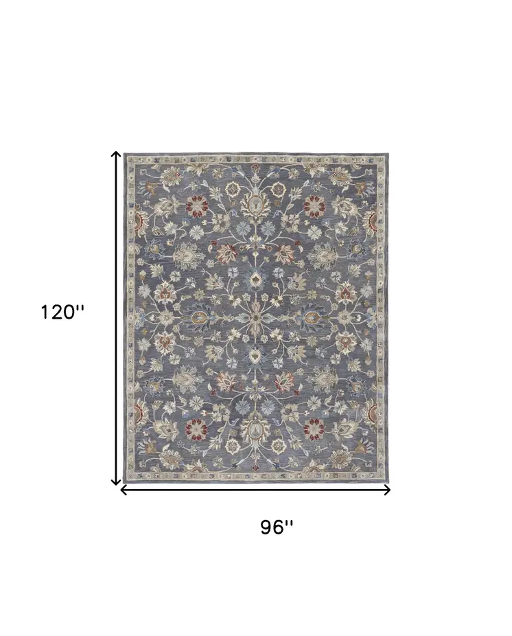 8' X 10' Gray Ivory And Red Wool Floral Tufted Handmade Stain Resistant Area Rug