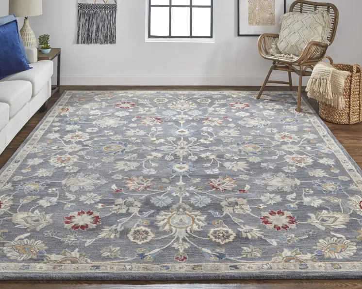8' X 10' Gray Ivory And Red Wool Floral Tufted Handmade Stain Resistant Area Rug