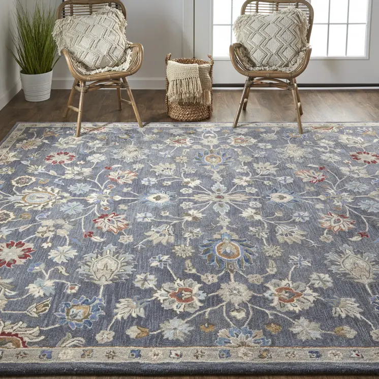 8' X 10' Gray Ivory And Red Wool Floral Tufted Handmade Stain Resistant Area Rug