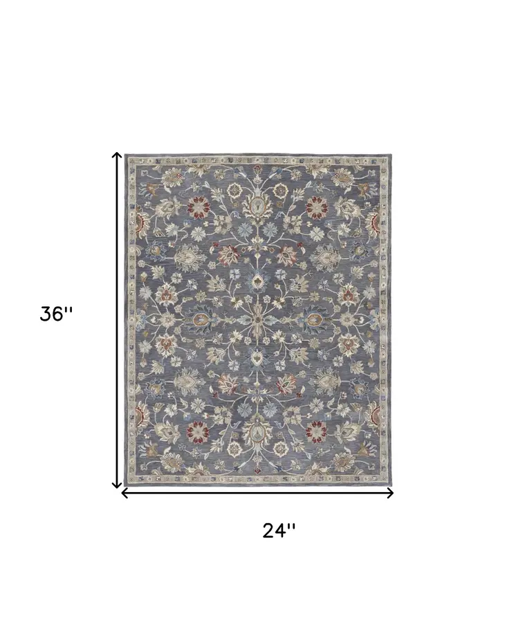 2' X 3' Gray Ivory And Red Wool Floral Tufted Handmade Stain Resistant Area Rug