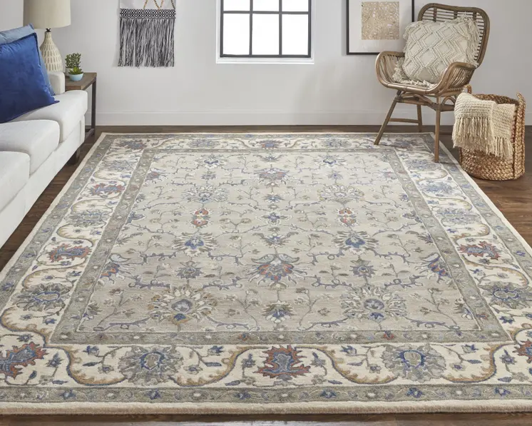 5' X 8' Ivory and Blue Wool Floral Hand Tufted Area Rug