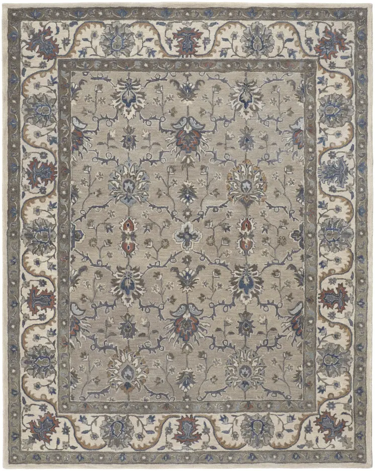 8' X 10' Ivory and Blue Wool Floral Hand Tufted Area Rug