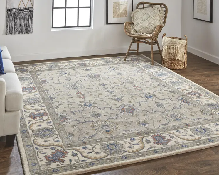 8' X 10' Ivory and Blue Wool Floral Hand Tufted Area Rug