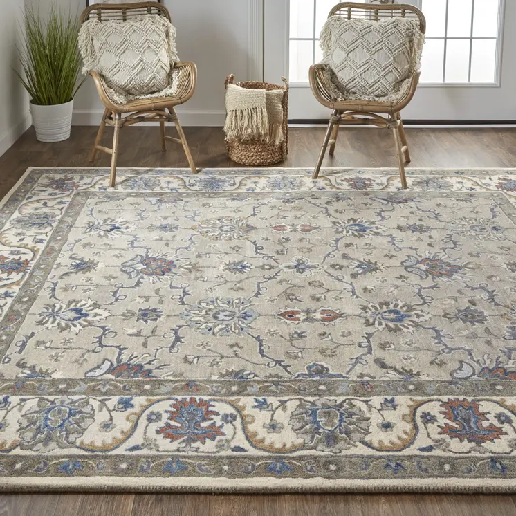 9' X 12' Taupe Ivory And Blue Wool Floral Tufted Handmade Stain Resistant Area Rug