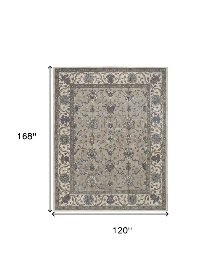 10' X 14' Taupe Ivory And Blue Wool Floral Tufted Handmade Stain Resistant Area Rug
