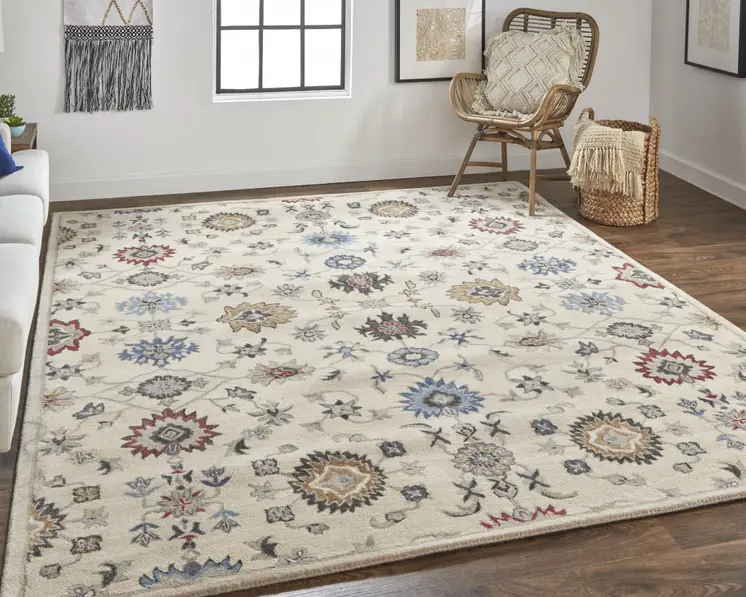 8' X 10' Ivory and Blue Wool Floral Hand Tufted Area Rug