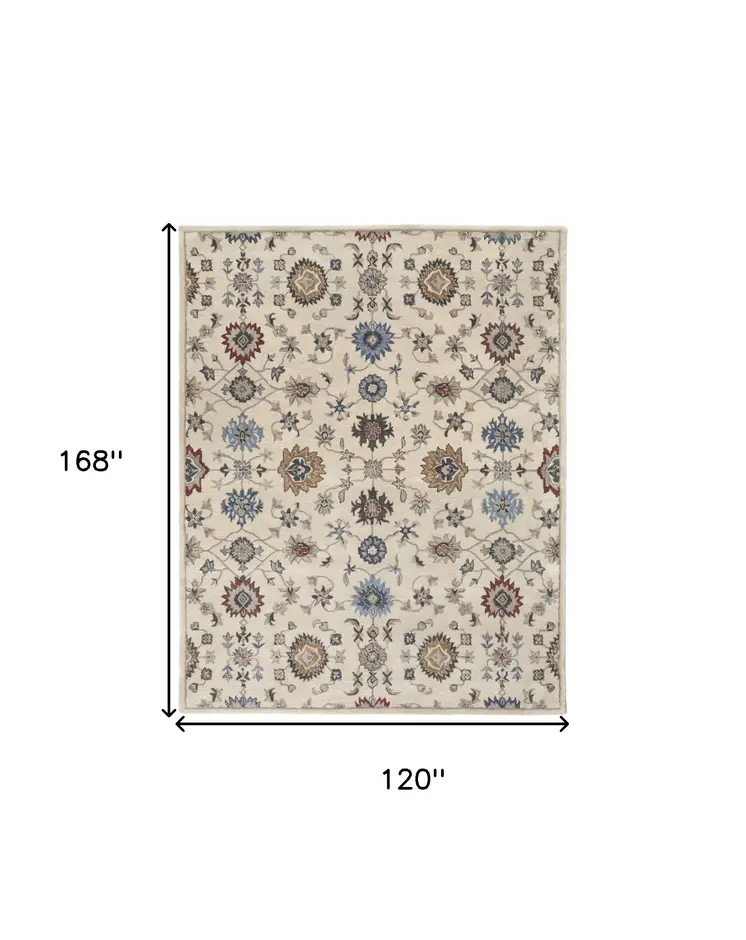 10' X 14' Ivory and Blue Wool Floral Hand Tufted Area Rug