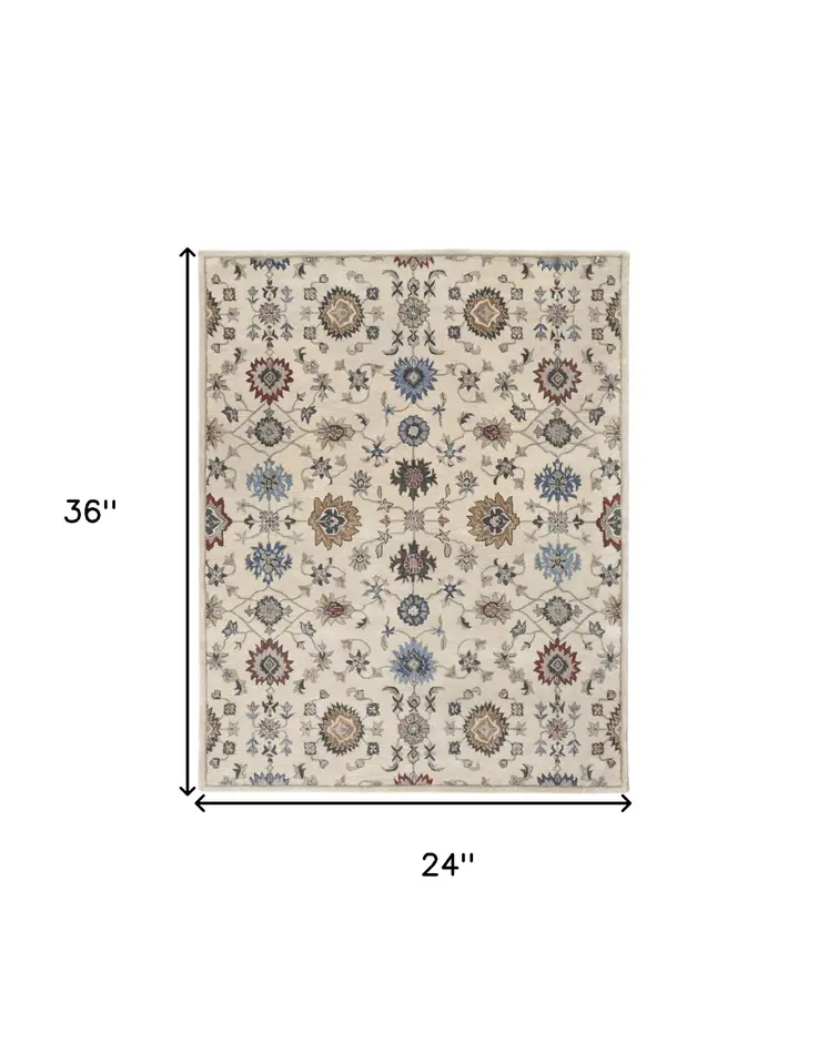 2' X 3' Ivory and Blue Wool Floral Hand Tufted Area Rug
