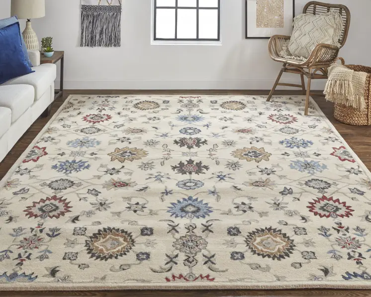 2' X 3' Ivory and Blue Wool Floral Hand Tufted Area Rug