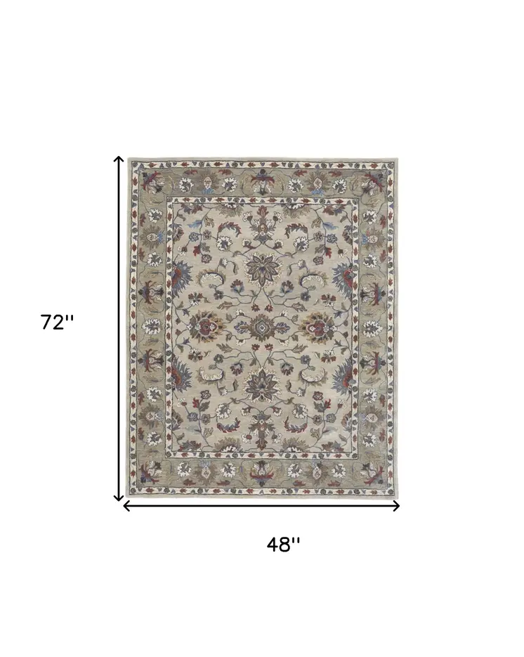 4' X 6' Ivory and Blue Wool Floral Hand Tufted Area Rug