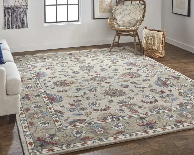 5' X 8' Ivory Taupe And Blue Wool Floral Tufted Handmade Stain Resistant Area Rug