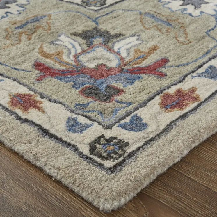 5' X 8' Ivory Taupe And Blue Wool Floral Tufted Handmade Stain Resistant Area Rug