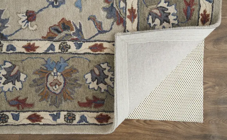5' X 8' Ivory Taupe And Blue Wool Floral Tufted Handmade Stain Resistant Area Rug