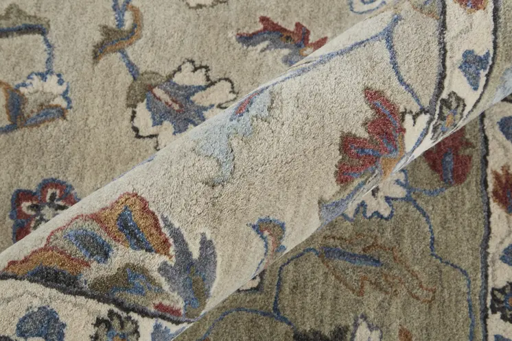 5' X 8' Ivory Taupe And Blue Wool Floral Tufted Handmade Stain Resistant Area Rug